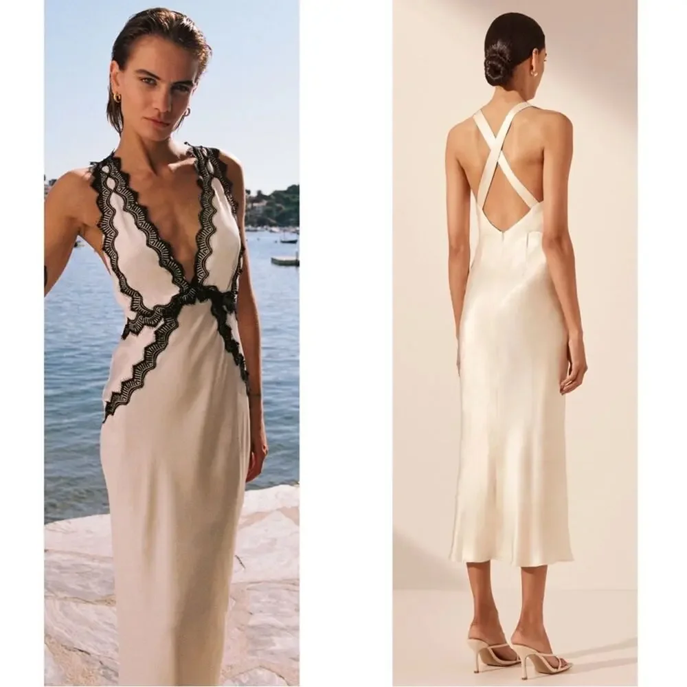 SHONA JOY Camille Lace Cross Back Midi Dress in Cream & Black Size 0 - Picture 5 of 12